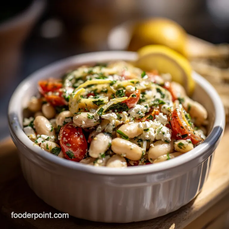 Glossy white bean salad artfully plated, showing off the creamy beans, colorful peppers, and fresh herbs, topped with crac...